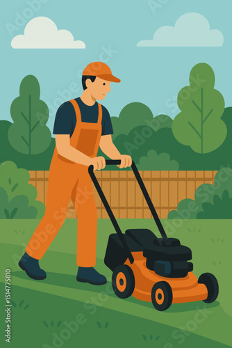 Professional gardener in orange overalls mowing lush green lawn with push mower. Landscaping service worker maintaining backyard. Summer yard care, grass cutting, outdoor job concept vector.