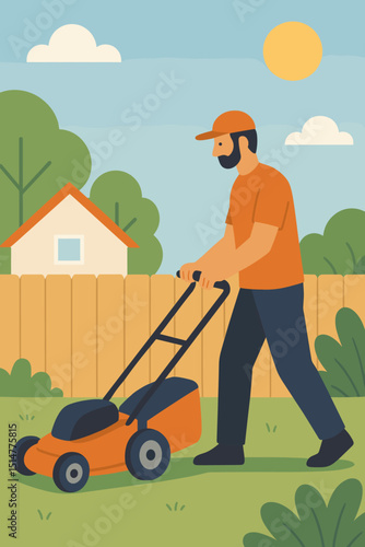 Lawn care service man mowing grass with lawnmower in sunny suburban backyard. Gardener at work. Yard maintenance, landscaping. Summer outdoor chore. Home garden upkeep. Vector illustration.