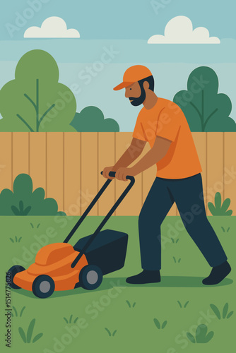 Man with lawnmower mowing lawn. Gardener, landscaper, worker character. Grass cutting, yard care, landscaping service. Backyard, garden maintenance. Summer outdoor work. Flat vector illustration.
