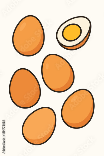Set of fresh brown chicken eggs, whole and halved hard-boiled egg with yolk. Vector illustration for cooking, breakfast, nutrition, protein concepts. Healthy food ingredients icons.