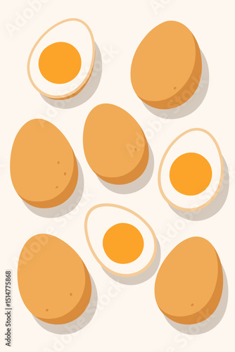 Chicken eggs displayed, whole brown and halved hard-boiled eggs with bright yellow yolk. Vector illustration of breakfast food, protein source, healthy eating ingredient concept. Farm fresh design.