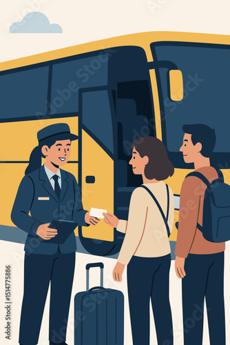 Travelers boarding tour bus as female operator checks tickets. Couple with luggage, backpack ready for vacation. Public transportation service, tourism, journey, sightseeing, adventure. Vector.