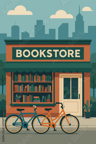 Urban bookstore facade vector illustration. City shopfront with bicycles, books on shelves, city skyline background. Local business, reading, literature, knowledge, education concept. Flat design.