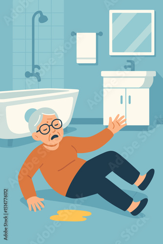 Elderly woman slipping accident in bathroom. Senior citizen fallen on wet floor, potential injury. Domestic hazard, incontinence issue illustration. Home safety risk concept for old people.