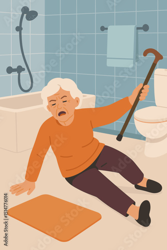 Elderly woman bathroom slip accident. Senior citizen fall injury at home. Painful domestic hazard. Grandma hurt on wet floor, holding cane. Health care, safety, risk concept. Vector.