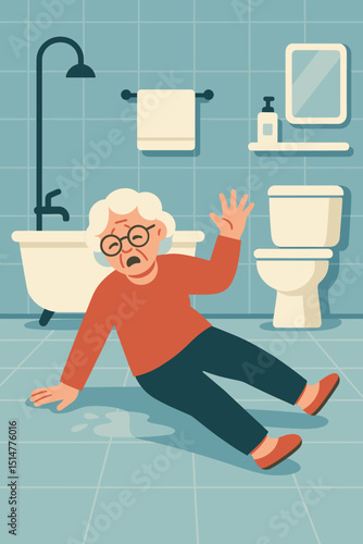 Elderly woman slipping on wet bathroom floor. Senior citizen fall accident concept. Home safety hazard, injury risk, and healthcare for older people. Cartoon vector illustration of domestic danger.