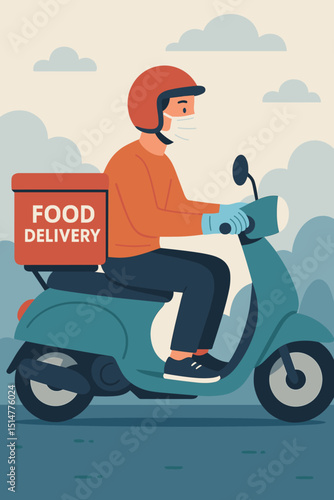 Food delivery service. Scooter courier with thermal bag. Masked rider wearing face mask, gloves. Safe contactless transport. Fast online order, meal, takeaway. Restaurant logistics. Vector.