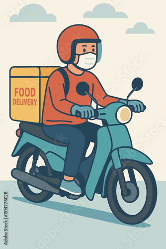 Food delivery rider on scooter wearing face mask. Courier service, motorcycle express delivery. Man in helmet delivering online order. Fast takeaway, safe parcel transport. Vector illustration.