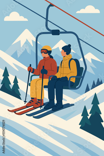 Skiers on chairlift enjoying winter mountain vacation. Couple at alpine ski resort, snow landscape. Adventure travel, outdoor sport activity, leisure and recreation fun. Vector illustration.