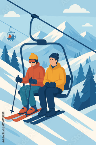 Skiers on chairlift ascending snowy mountain peak. Winter sports alpine adventure vector illustration. Ski resort vacation, outdoor recreation concept. People on ski lift transport.