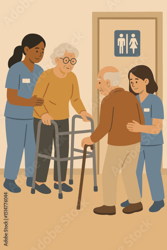 Nurses assisting elderly patients with mobility challenges. Caregivers supporting seniors, one using a walker, another a cane, heading to a restroom. Healthcare, medical aid, assisted living concept.