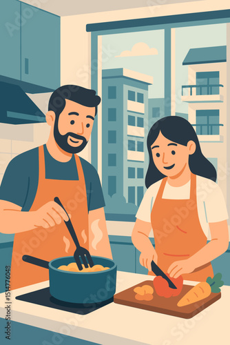 Couple cooking modern kitchen. Happy man woman prepare healthy food. Condo apartment lifestyle. Stirring pot, chopping vegetables. Teamwork, domestic life. Urban living. Vector flat illustration.