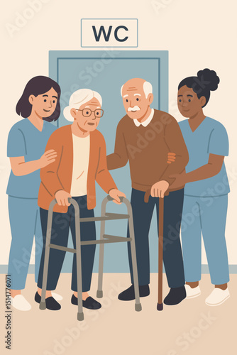 Diverse nurses providing compassionate assistance to elderly senior couple. Man with cane, woman with walker, heading to WC. Healthcare support, medical staff, geriatric care illustration.