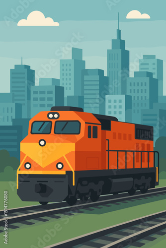 Modern diesel locomotive train on railway tracks with city skyline background. Urban transportation vector illustration. Flat design freight or passenger transit concept for travel and industry.