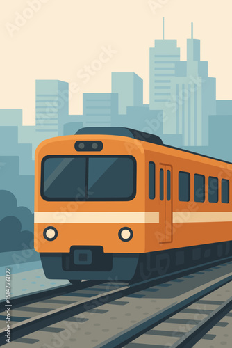 City train vector illustration. Orange commuter train on railway tracks, urban skyline. Public transport, travel, modern flat design. Journey, metropolitan life, transit concept. Poster.