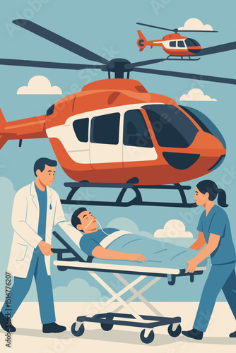 Medical rescue team evacuating patient by air ambulance helicopter. Doctor and nurse transporting injured man on stretcher for emergency healthcare. Medevac operation concept illustration.
