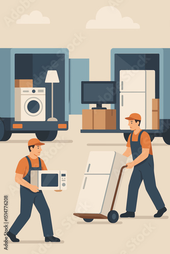Professional movers unloading home appliances. Delivery workers carrying refrigerator, microwave, washing machine. Moving truck, relocation service, logistics. Flat vector illustration.