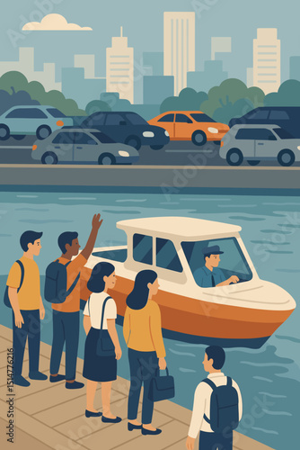 City dwellers opt for boat commute to avoid heavy traffic. Group of diverse people queuing for water taxi by the river. Urban transport solution, flat design vector. Sustainable lifestyle.