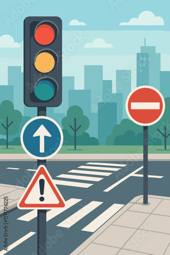Traffic signals, road signs, crosswalk in city. Urban street intersection with stoplight, do not enter, warning, and direction arrow signs. Vector for road safety, rules, navigation.
