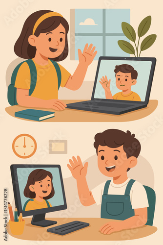 Virtual school concept with children waving during online class. Boy and girl students learning remotely via laptop and computer. E-learning, distance education, and homeschooling vector illustration.