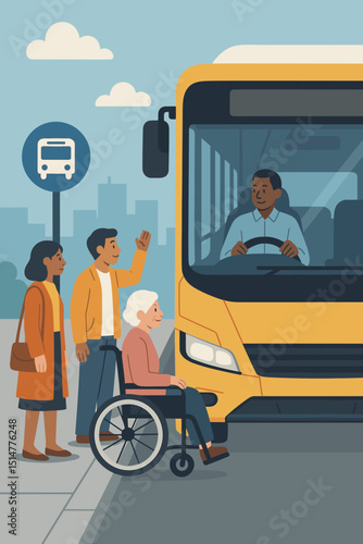 Accessible bus stop. Inclusive public transport concept. Diverse passengers, senior in wheelchair. Urban mobility, city commute. Bus driver. Disability access. Transportation equality. Vector.