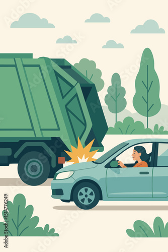 Female driver experiences car accident, rear-ending a large garbage truck. Vector illustration depicting traffic collision, vehicle impact, and road danger. Concepts for insurance claims and safety.