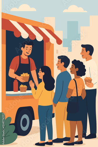 Street food concept. People queue at food truck for fries. Urban outdoor vendor serving diverse customers. Summer city festival market. Fast food eatery lifestyle. Vector illustration.
