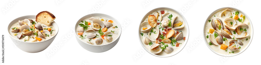 Delicious creamy clam chowder bowls with fresh herbs, colorful vegetables, and savory clams, perfect for seasonal gatherings and comfort food enthusiasts Delicious creamy clam chowder bowls with fresh herbs, colorful vegetables, and savory clams, perfect for seasonal gatherings and comfort food enthusiasts