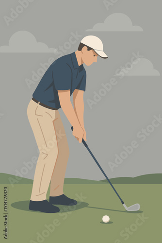 Focused male golfer in cap practicing powerful swing with club on lush green. Illustrated sports concept of athlete training for golf game, outdoor recreational activity. Vector graphic.