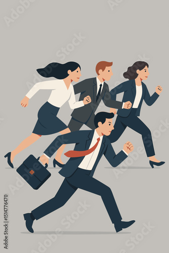 Corporate race for success. Business team running, competition concept. Ambitious professionals, men and women in suits, striving for career goals. Motivation, leadership, achievement. Vector