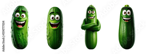 Set of cartoon cucumber characters with cheerful expressions isolated on transparent background
