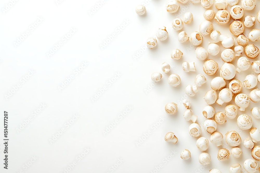 Fresh Button Mushrooms Scattered on White Surface with Copy Space Fresh Button Mushrooms Scattered on White Surface with Copy Space