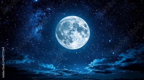 Pixelated Full Moon Night Sky with Stars and Clouds