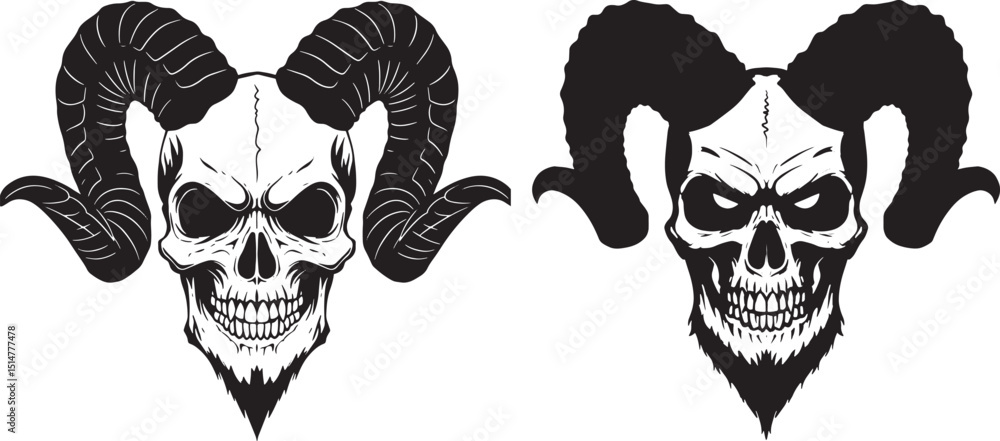 Fototapeta premium Skull with Horns Illustration - Devil Skull Art - Demon Skull Drawing - Ram Horns Skull Tattoo Design - Evil Skull Graphic - Dark Skull Artwork - Gothic Skull Image - Scary Skull Picture