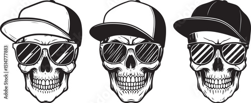 Cool Skull Illustrations with Sunglasses and Baseball Caps - Trendy Tattoo, Poster, and Merchandise Art for Urban Fashion and Streetwear Style