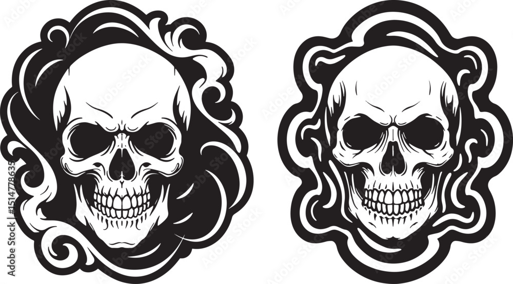 Fototapeta premium Intricate Skull Illustration Art: Ornate, Decorative Black and White Skeleton Designs for Tattoos, Halloween, Gothic, Horror, Macabre, Grim Reaper, and Dark Aesthetic Enthusiasts