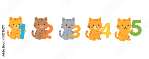 Flat Cute Cats Holding Numbers 1 to 5 – Educational Animal Illustration for Kids