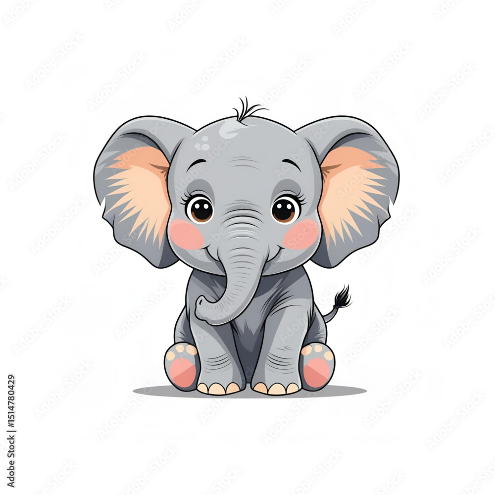 Fototapeta premium Cute cartoon baby elephant, smiling, flat vector illustration for World Elephant Day