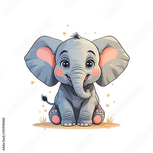 Cute cartoon baby elephant, smiling, flat vector illustration for World Elephant Day
