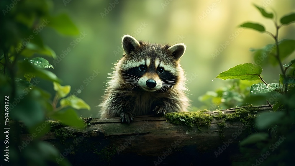 Fototapeta premium Curious Raccoon Exploring the Forest, Woodland Wildlife Moment