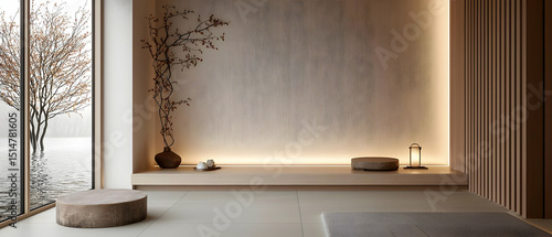 Japanese Style Minimalist Interior Design With Wooden Wall And Natural Light