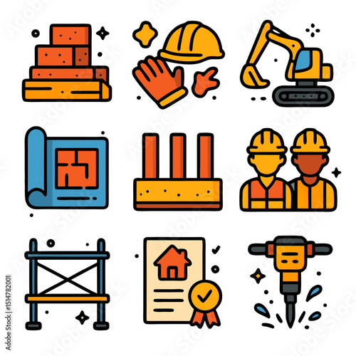 nine building site icons. include construction materials, safety gear, heavy machinery, blueprint design, building foundation, construction workers, scaffold structure, building permits, and more.