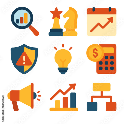 nine icons of business strategy. include market analysis, competitive advantage, long-term planning, risk management, innovation strategy, financial planning, marketing tactics, industry trends.