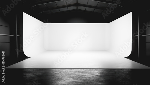 Fotografia Empty photo studio setup with white cyclorama and concrete floor, ideal for phot