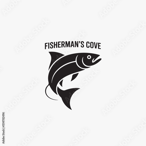 Fisherman's cove logo featuring a jumping fish in black and white with simple design