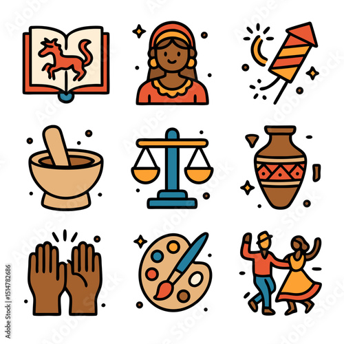nine icons of cultural traditions. folklore stories, ethnic heritage, traditional celebrations, ancestral practices, cultural values, historical artifacts, societal norms, artistic expressions.