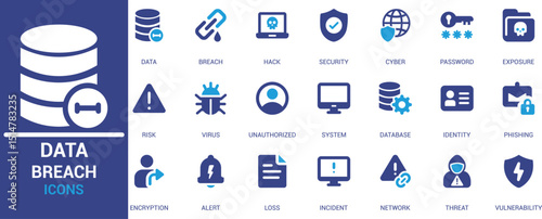 Flat minimal icons for data breach, cyber threats, hacking, system risk, password leaks, unauthorized access, virus, phishing, database security, and encryption.
