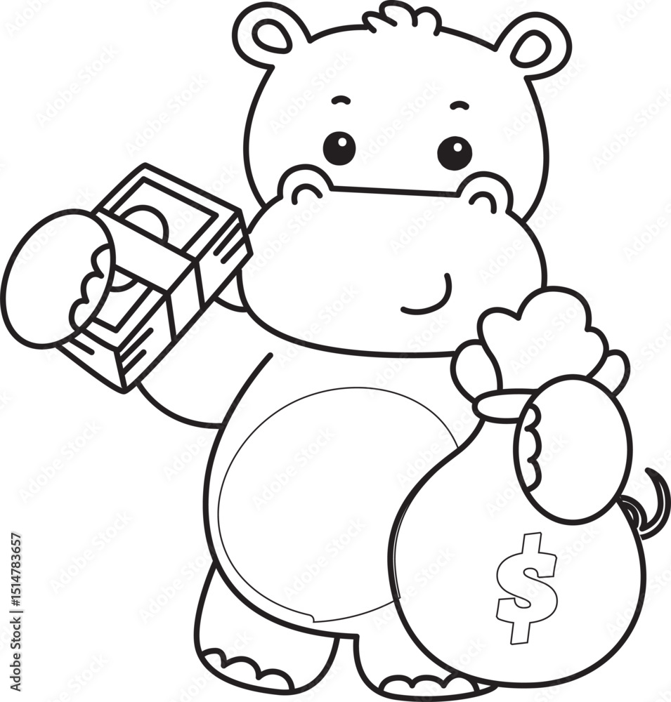 Naklejka premium Outline of Cute hippo icon. Coloring page of Funny baby hippo animal series stock illustration. life of fluffy hippo designs.