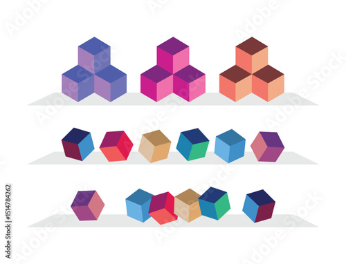 Colorful cubic blocks, 3d cube vector square mockup with perspective shape isolated on white background for using kids play.