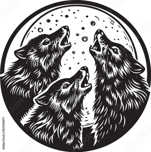Black and white hand-drawn sketch vector illustration of a cute, shaggy mammal: a dog, wolf, or bear head with fur and tail
